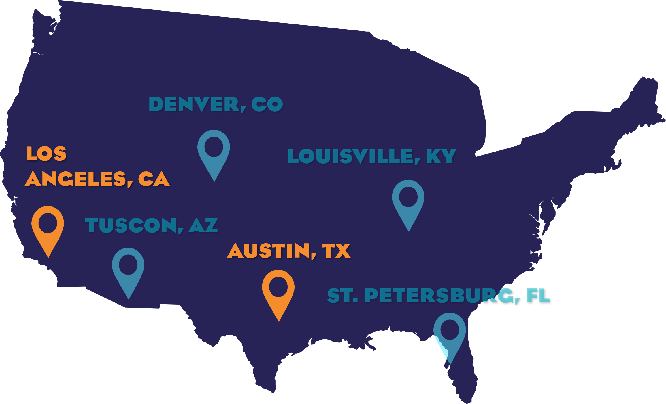 Map of USA with highlighted cities