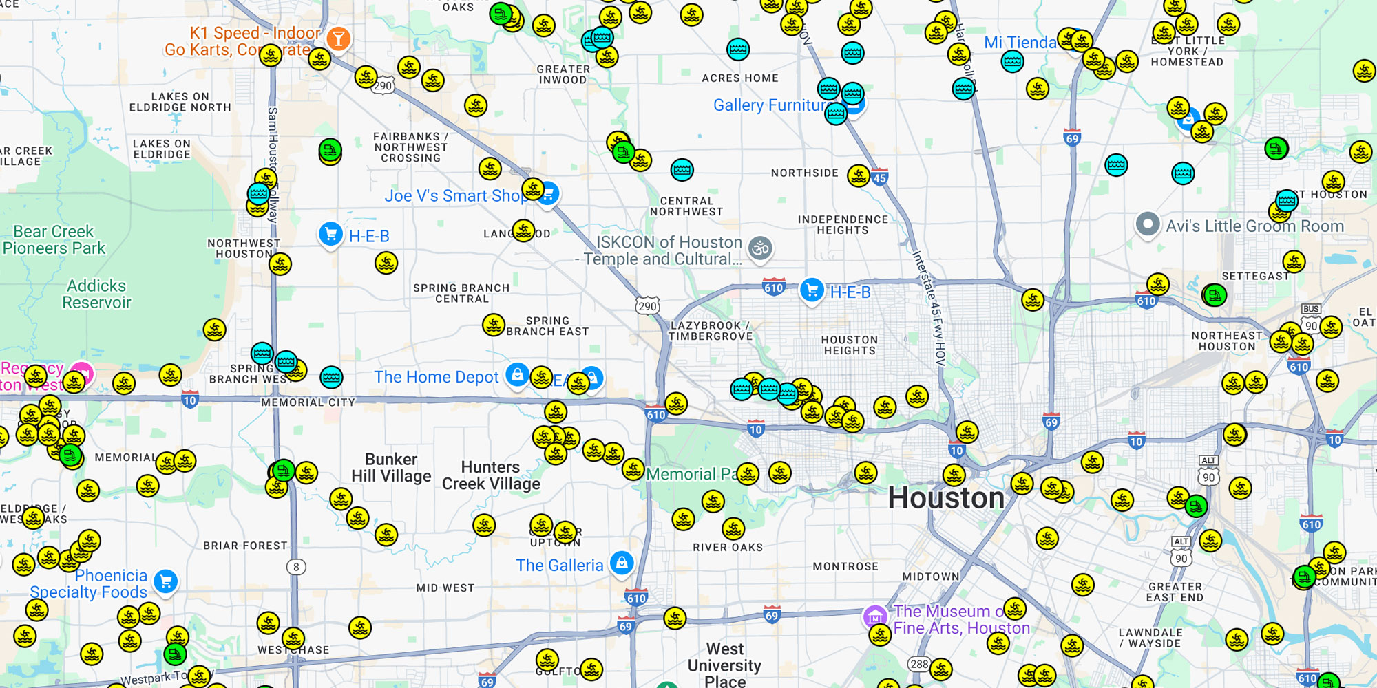 map of houston with pins showing individual water-related service requests